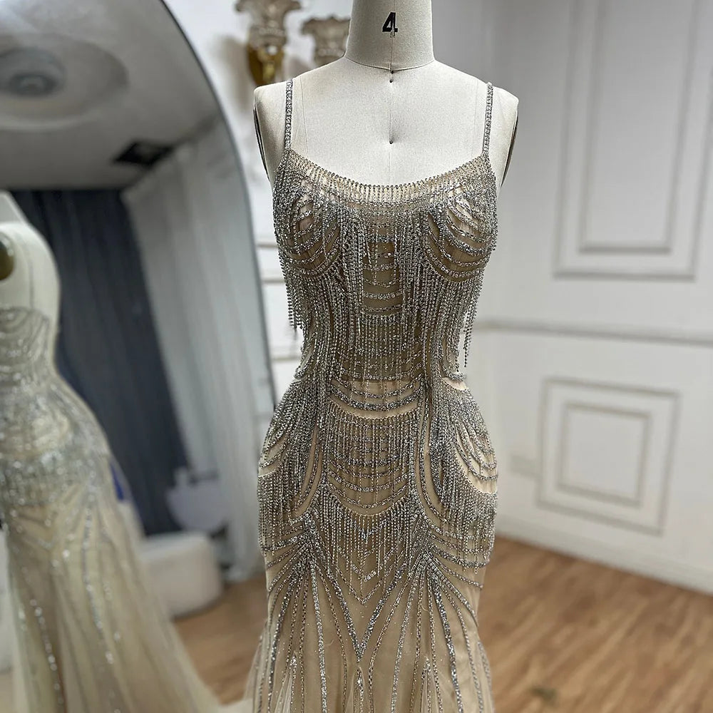 Luxury Nude Pink Crystal Tassel Mermaid Evening Dress LA72772