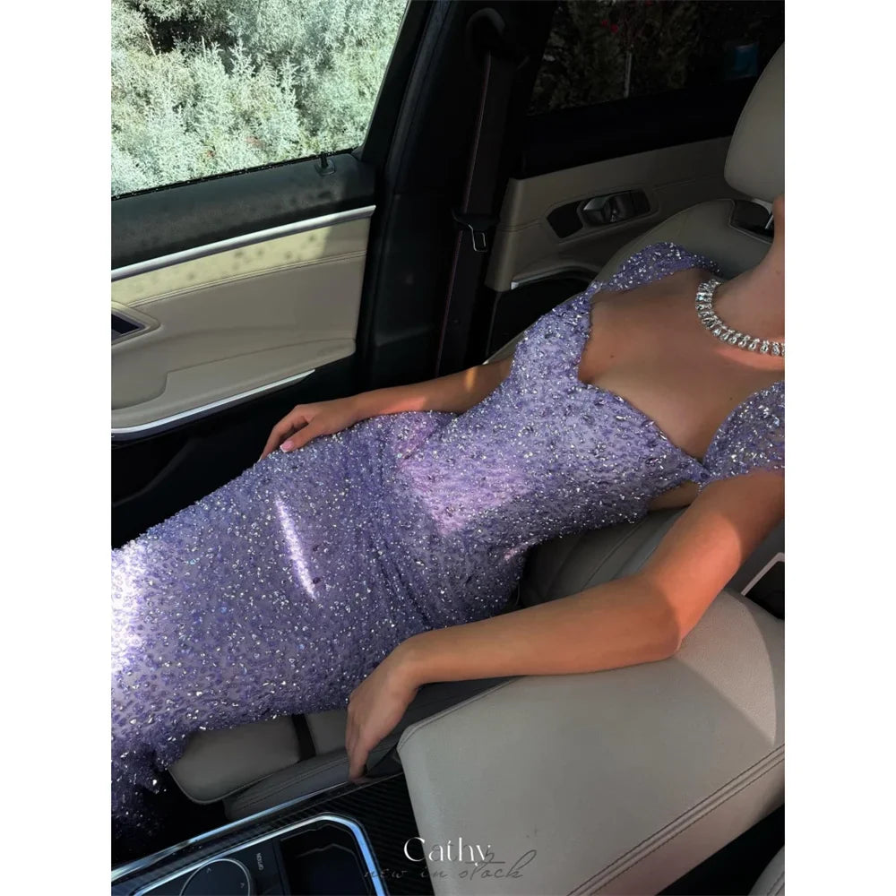 Cathy Customized Purple Luxury Rhinestones Mermaid Prom Dress Off The Shoulder vestidos de noiva Floor-length Formal Evening