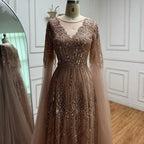Elegant Beaded A-Line Evening Dress with Cape Sleeves LA73056