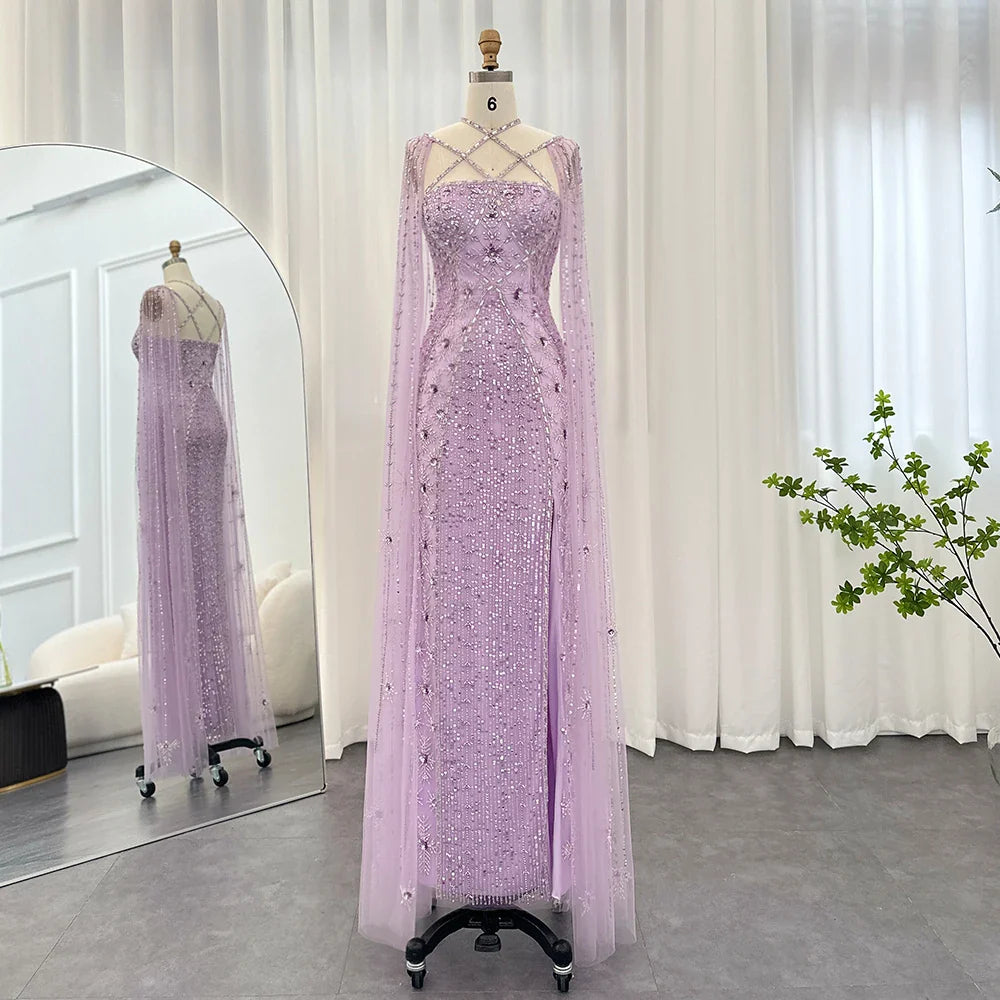 Sharon Said Luxury Dubai Aqua Lilac Mermaid Evening Dress with Cape Sleeve Criss Cross Women Wedding Party Gown SS391 Customized