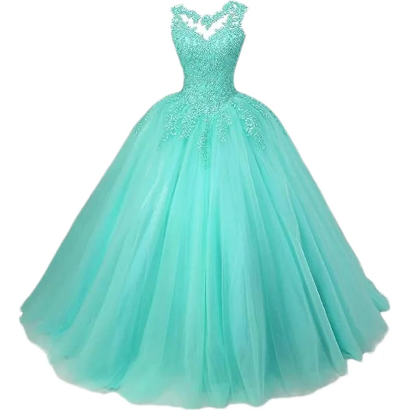Customized Women's Beaded Lace Appliques Prom Dress Long Ball Gown Quinceanera Dresses Tulle Formal Sweet 16 Dress for Teens
