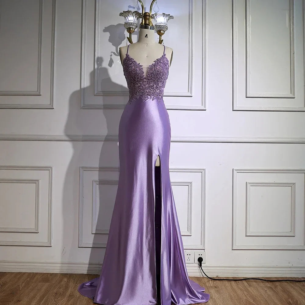 Luxury Purple Satin Prom Dress with Slit and Lace Appliques LA73040