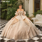 Exquisite Sequins Beads Quinceanrra Prom Dresses Glitter Lace Appliques Detachable Sleeves Ball Gown Sweet 16 Dress Vestidos