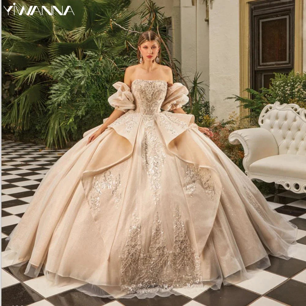 Exquisite Sequins Beads Quinceanrra Prom Dresses Glitter Lace Appliques Detachable Sleeves Ball Gown Sweet 16 Dress Vestidos