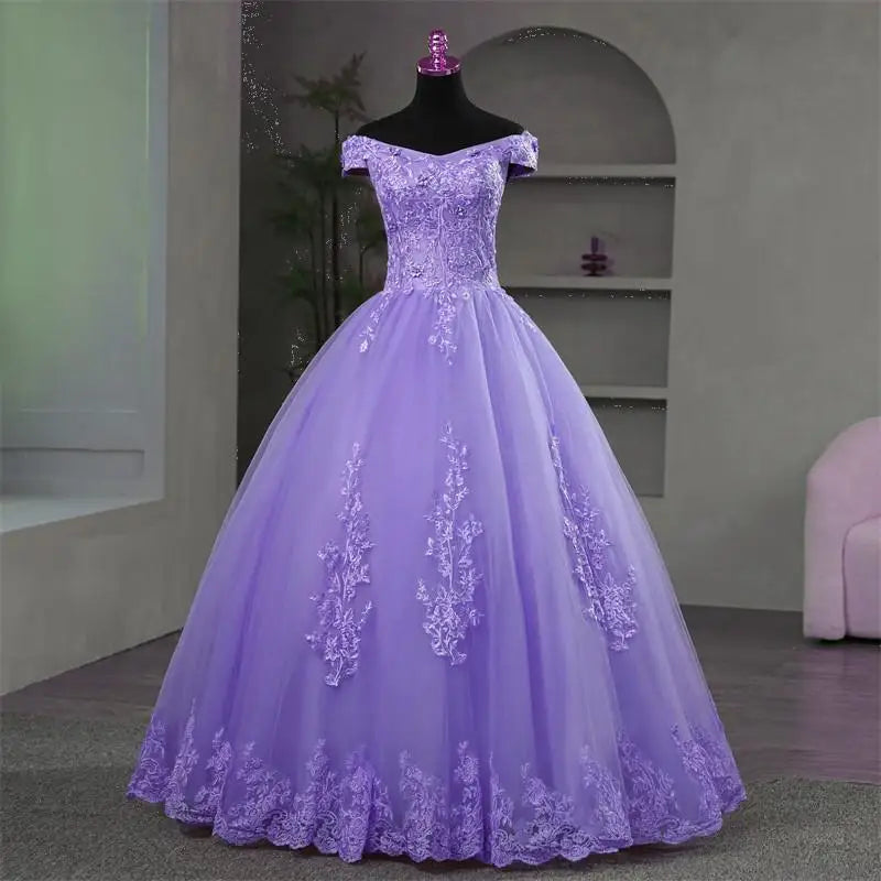 Off Shoulder Purple Quinceanera Dresses Sweet Flower Party Dress Luxury Appliques Ball Gown Real Photo Prom Dress Boho Vestidos