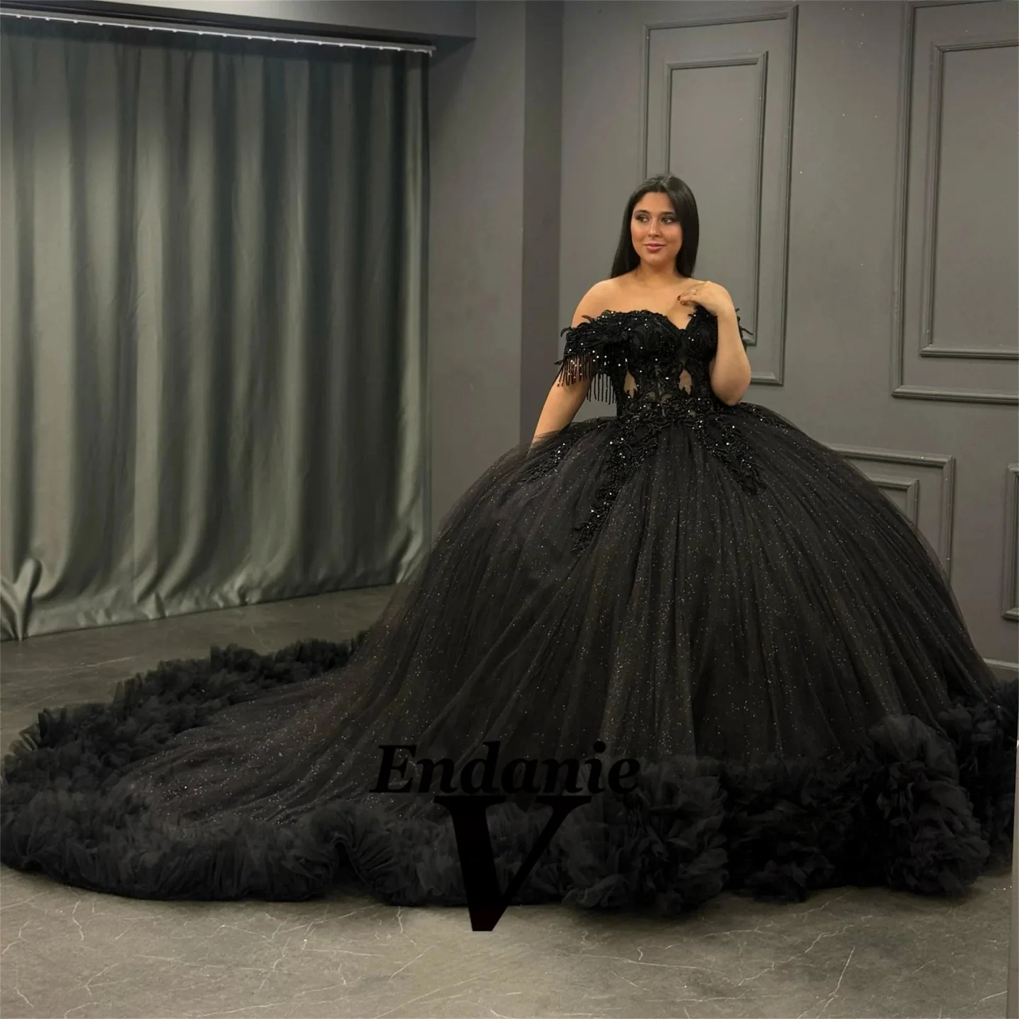Vendanie Dapper Quinceanera Dress for Girls Off the Shoulder Beading Appliques Pleat Vestidos De 15 Quinceanera Customized