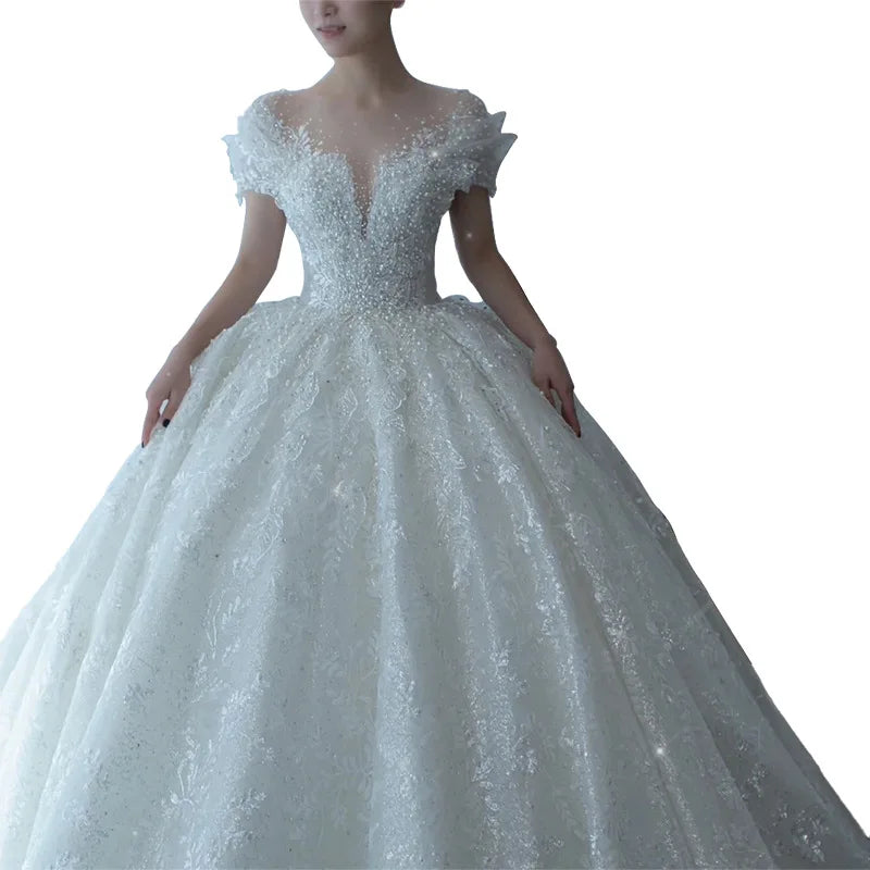2025 Princess Sexy Luxury Crystal Beaded Wedding Dress Puff Tulle White Gown Bride Pregnant Women's High-end Gown with Trailing
