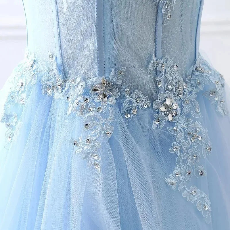 New light blue sweat long lady girl women princess prom banquet party wedding bridal dress gown