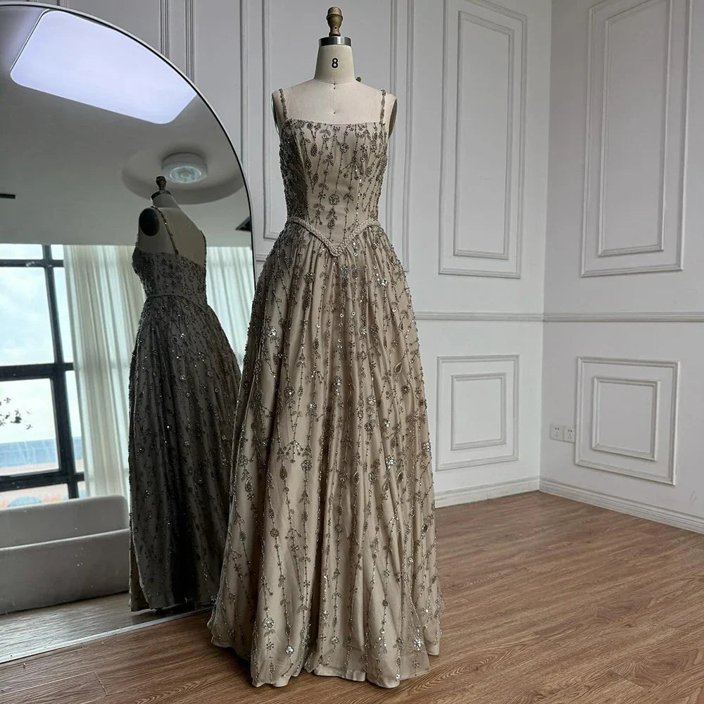 Luxury Sage Green Beaded A-Line Spaghetti Strap Evening Dress LA72805