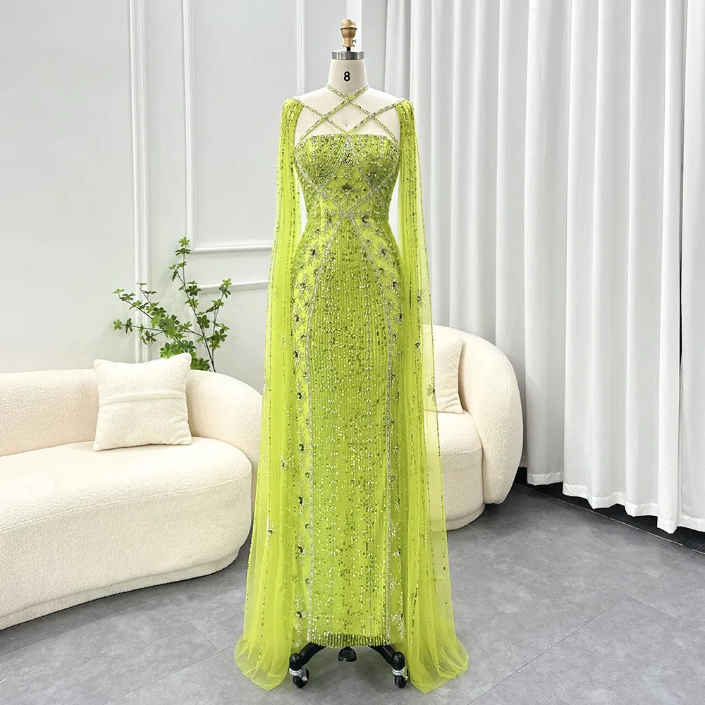Sharon Said Luxury Dubai Aqua Lilac Mermaid Evening Dress with Cape Sleeve Criss Cross Women Wedding Party Gown SS391 Customized