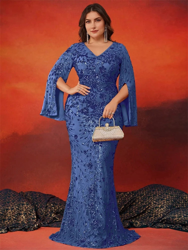 BLUEPLUM Plus Size Luxury Blue Evening Dresses Women 2025 Long Sleeve Mermaid Formal Sequins Prom Wedding Party Cocktail Gowns