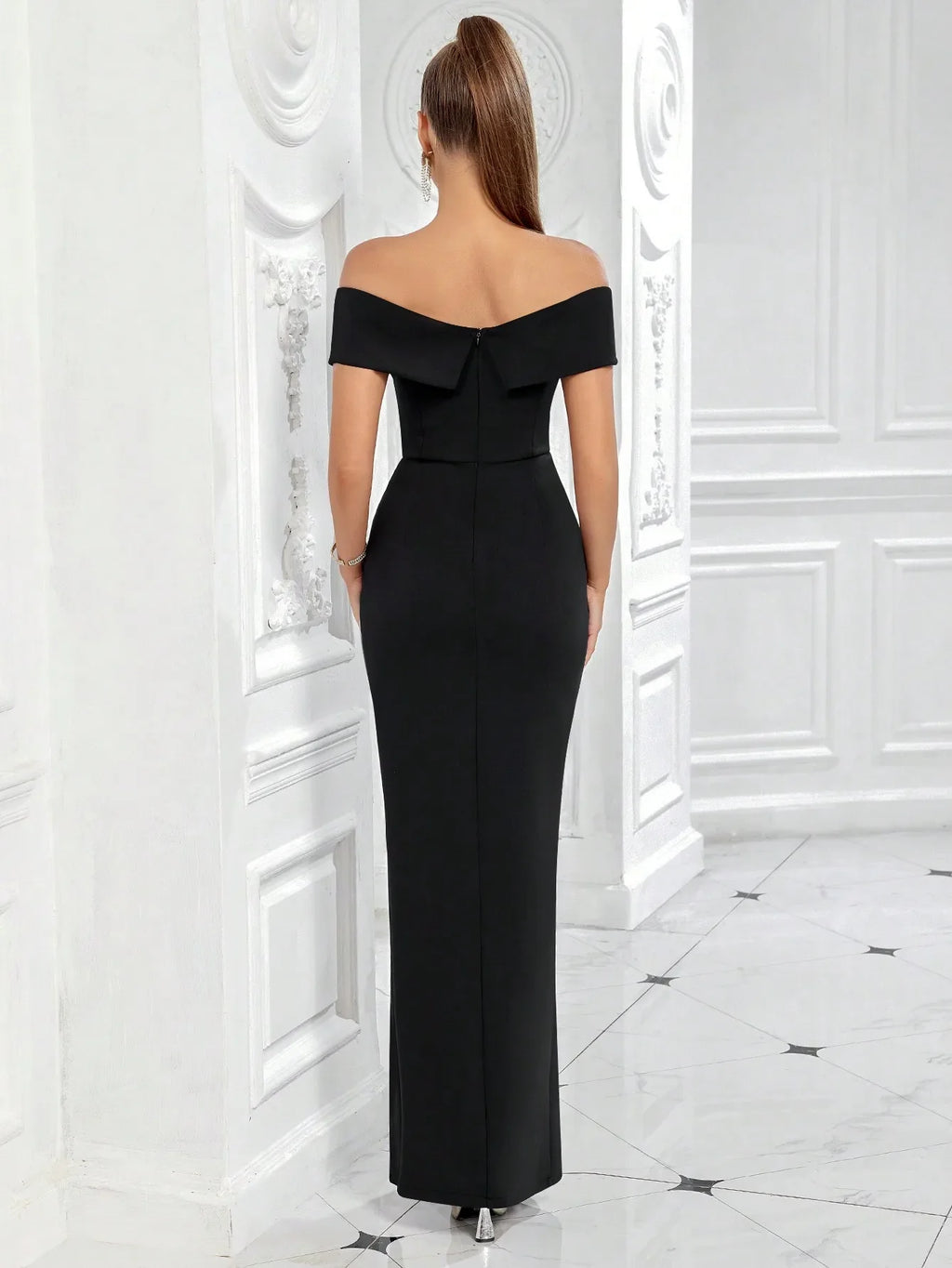 Black Off-Shoulder High Slit Maxi Dress for Evening Party Formal Occasion
