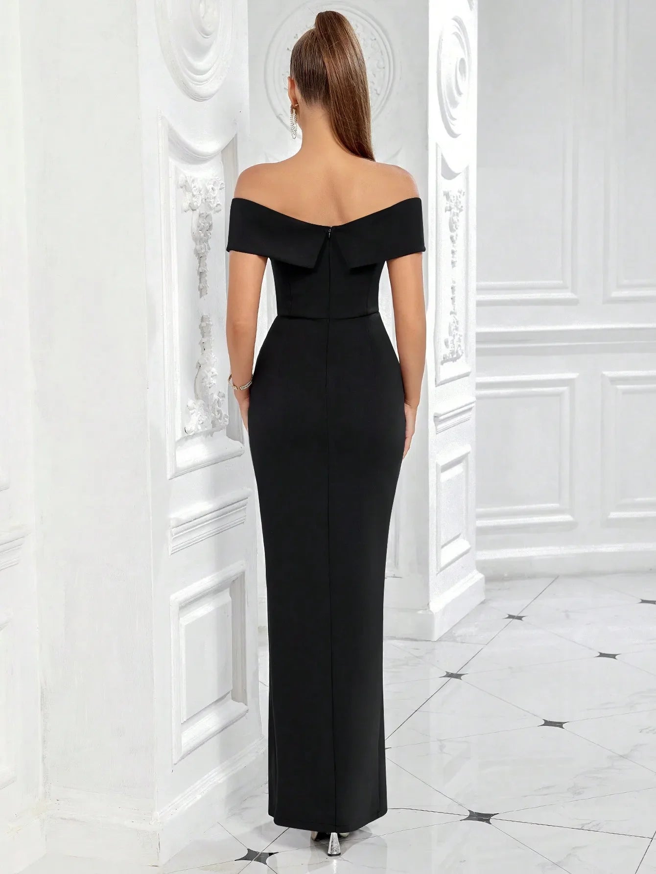 Black Off-Shoulder High Slit Maxi Dress for Evening Party Formal Occasion