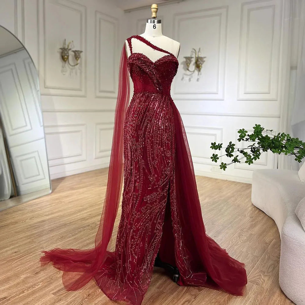 Luxury Green One Shoulder Mermaid Evening Dress with Cape LA72472