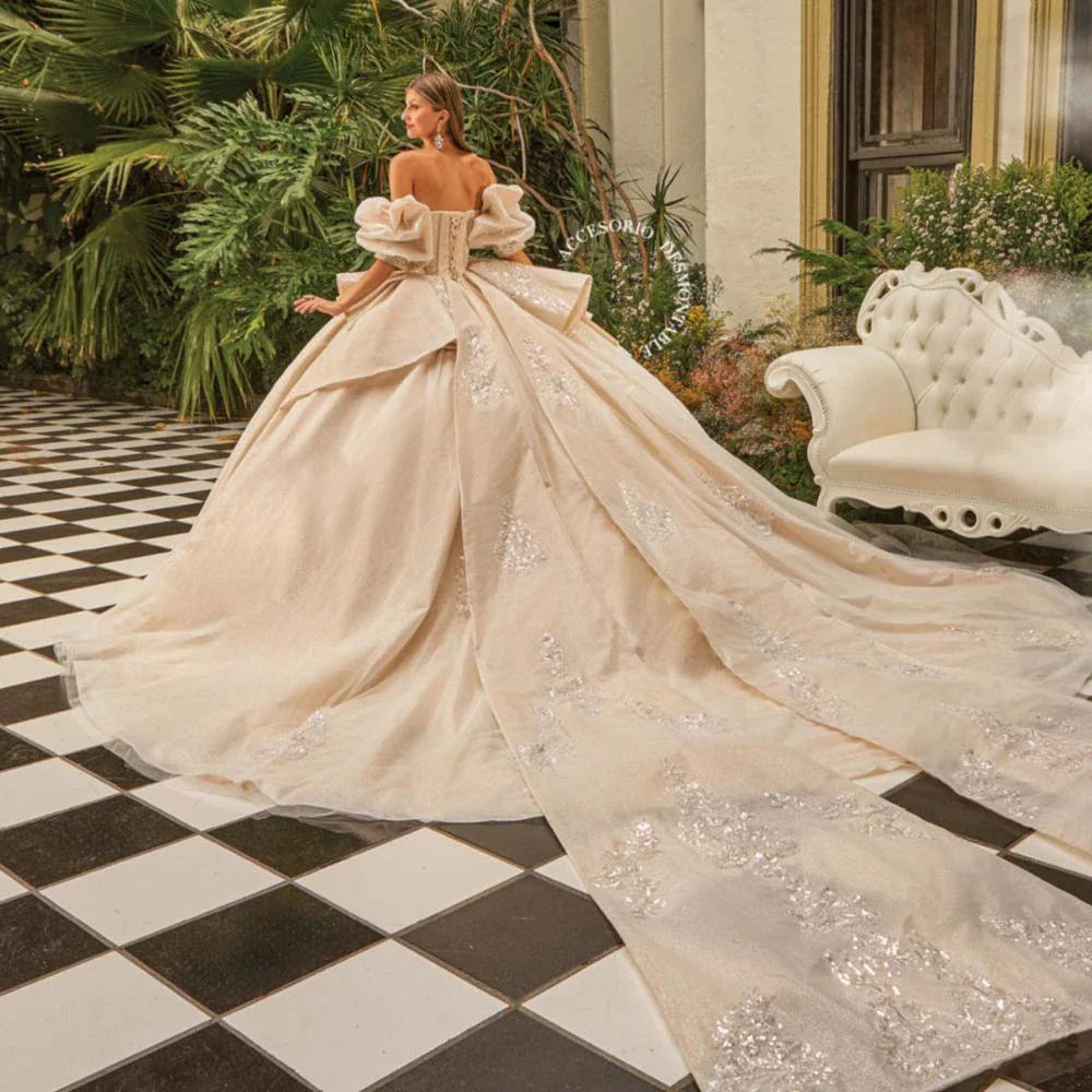 Exquisite Sequins Beads Quinceanrra Prom Dresses Glitter Lace Appliques Detachable Sleeves Ball Gown Sweet 16 Dress Vestidos