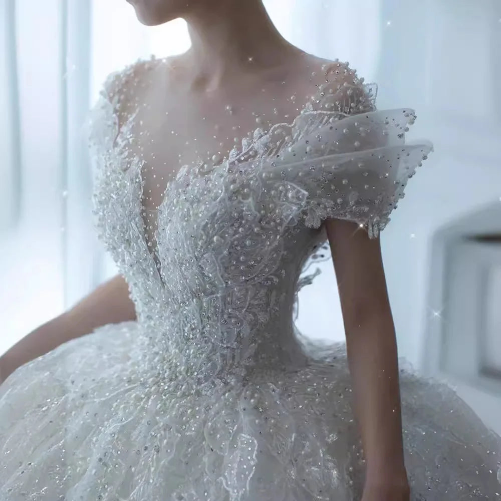 2025 Princess Sexy Luxury Crystal Beaded Wedding Dress Puff Tulle White Gown Bride Pregnant Women's High-end Gown with Trailing