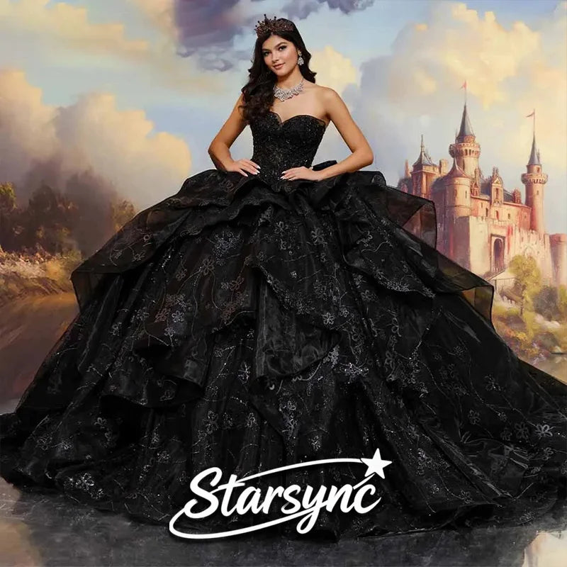 Black Sweetheart Layer Prom Dress Customize Quinceanera Dress Tulle Off-Shoulder Dress Coming of Age Ceremony Dress