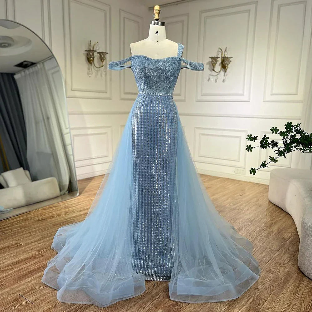 Serene Hill Gold Mermaid Elegant One Shoulder Overskirt Beaded Luxury Evening Dresses Gowns 2025 For Women Wedding Party LA72453