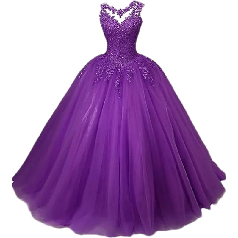 Customized Women's Beaded Lace Appliques Prom Dress Long Ball Gown Quinceanera Dresses Tulle Formal Sweet 16 Dress for Teens