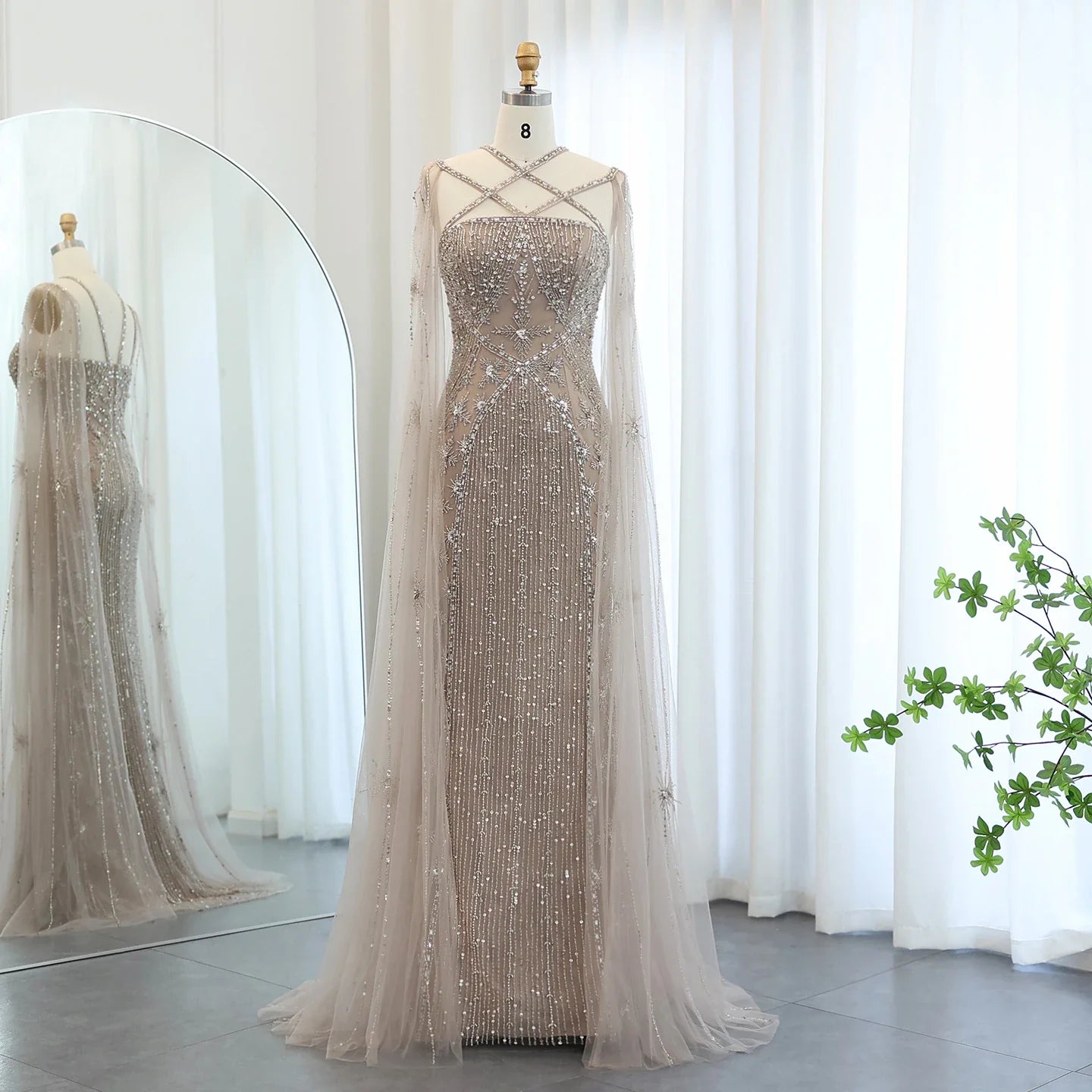 Sharon Said Luxury Dubai Aqua Lilac Mermaid Evening Dress with Cape Sleeve Criss Cross Women Wedding Party Gown SS391 Customized