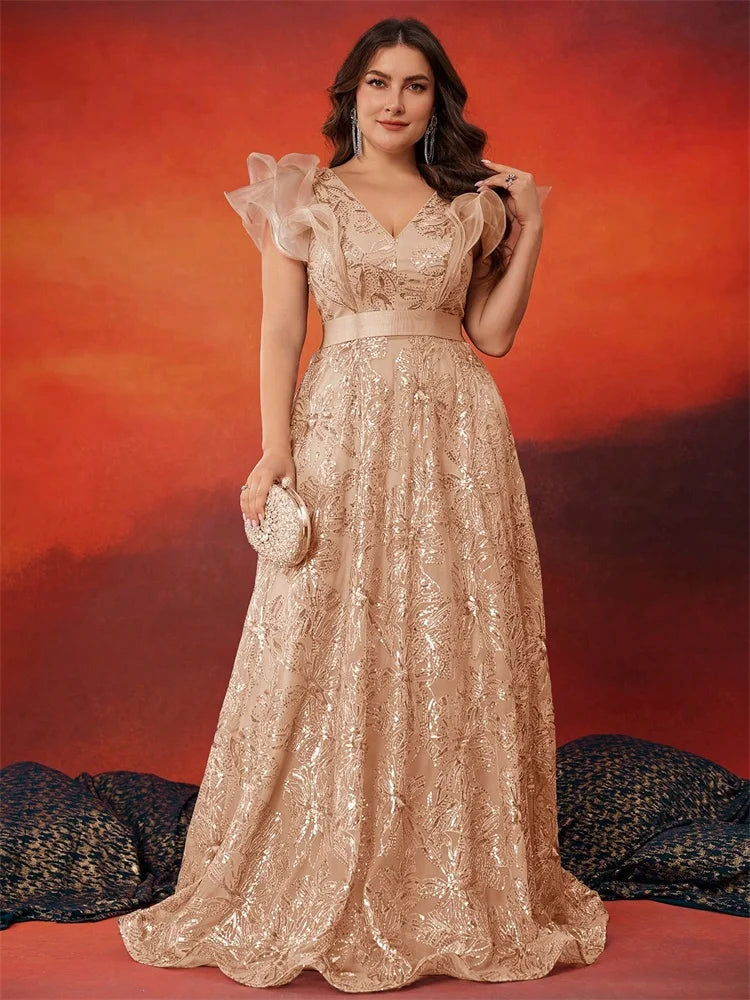 BLUEPLUM Plus Size Luxury V-Neck Grey Sequins Evening Dress Women Elegant V-back Wedding Party Long Prom Cocktail Dress Gowns