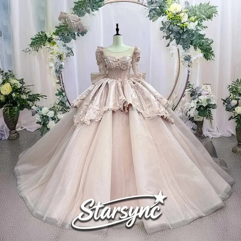 Pink Sweetheart Layer Prom Dress Customize Quinceanera Dress Full Sleeves Tulle Off-Shoulder Dress Coming of Age Ceremony Dress