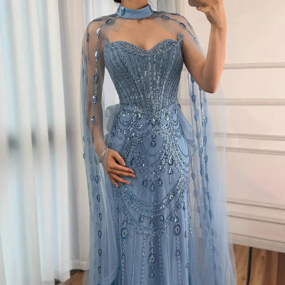 Luxury Blue Sequin Beaded Evening Dress with Cape Sleeves LA73108