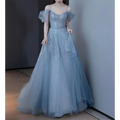 2025 New Elegant Back Tulle Bow Trailing A-line Evening Dresses Sexy Off Shoulder Birthday Party Gown