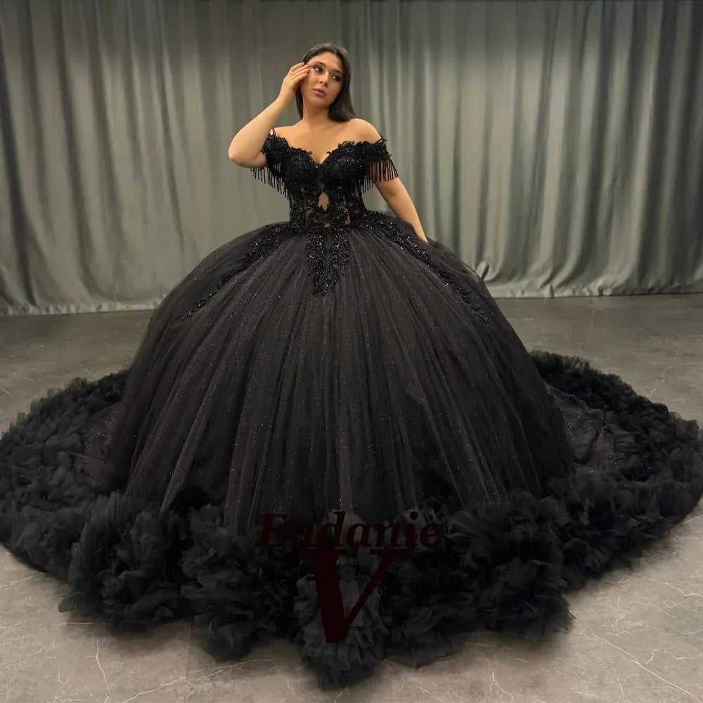 Vendanie Dapper Quinceanera Dress for Girls Off the Shoulder Beading Appliques Pleat Vestidos De 15 Quinceanera Customized