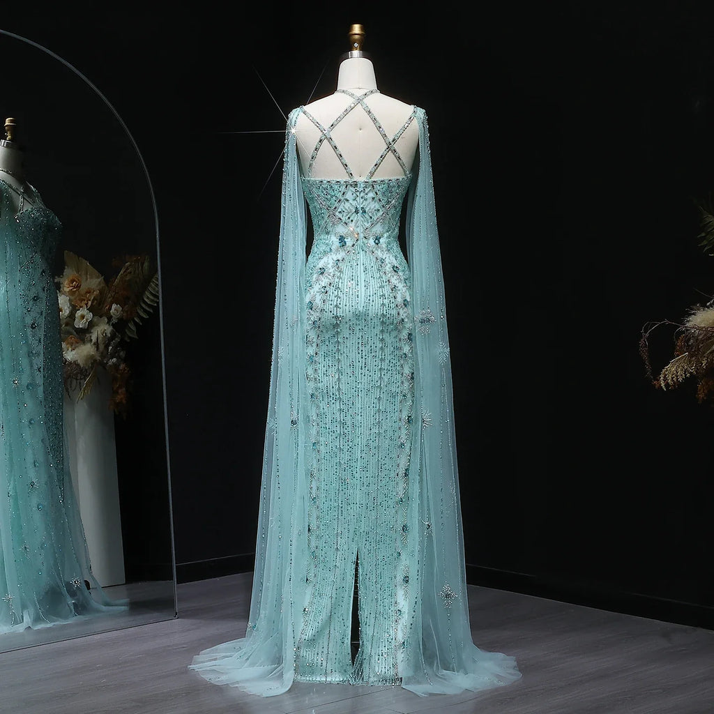 Sharon Said Luxury Dubai Aqua Lilac Mermaid Evening Dress with Cape Sleeve Criss Cross Women Wedding Party Gown SS391 Customized