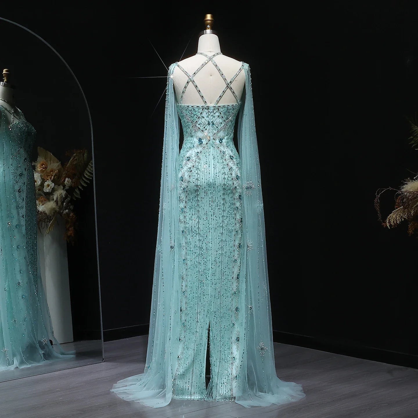 Sharon Said Luxury Dubai Aqua Lilac Mermaid Evening Dress with Cape Sleeve Criss Cross Women Wedding Party Gown SS391 Customized