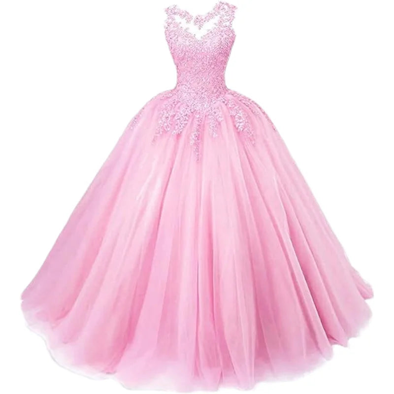 Customized Women's Beaded Lace Appliques Prom Dress Long Ball Gown Quinceanera Dresses Tulle Formal Sweet 16 Dress for Teens
