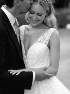Sequins Lace V-neck Neckline Chapel Train A-line Wedding Dresses