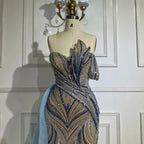 Arabic Blue One Shoulder Evening Gown With Side Overskirt Beaded Dress For Women Party Luxury Dubai LA72662