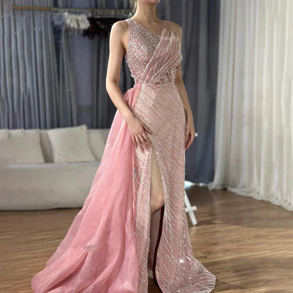 Luxury Dubai  Blue One Shoulder Split Saudi Evening Gown with Beaded Side Overskirt Dress for Formal Occasion LA72732