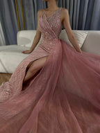 Luxury Dubai  Blue One Shoulder Split Saudi Evening Gown with Beaded Side Overskirt Dress for Formal Occasion LA72732