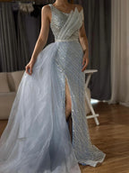 Luxury Dubai  Blue One Shoulder Split Saudi Evening Gown with Beaded Side Overskirt Dress for Formal Occasion LA72732