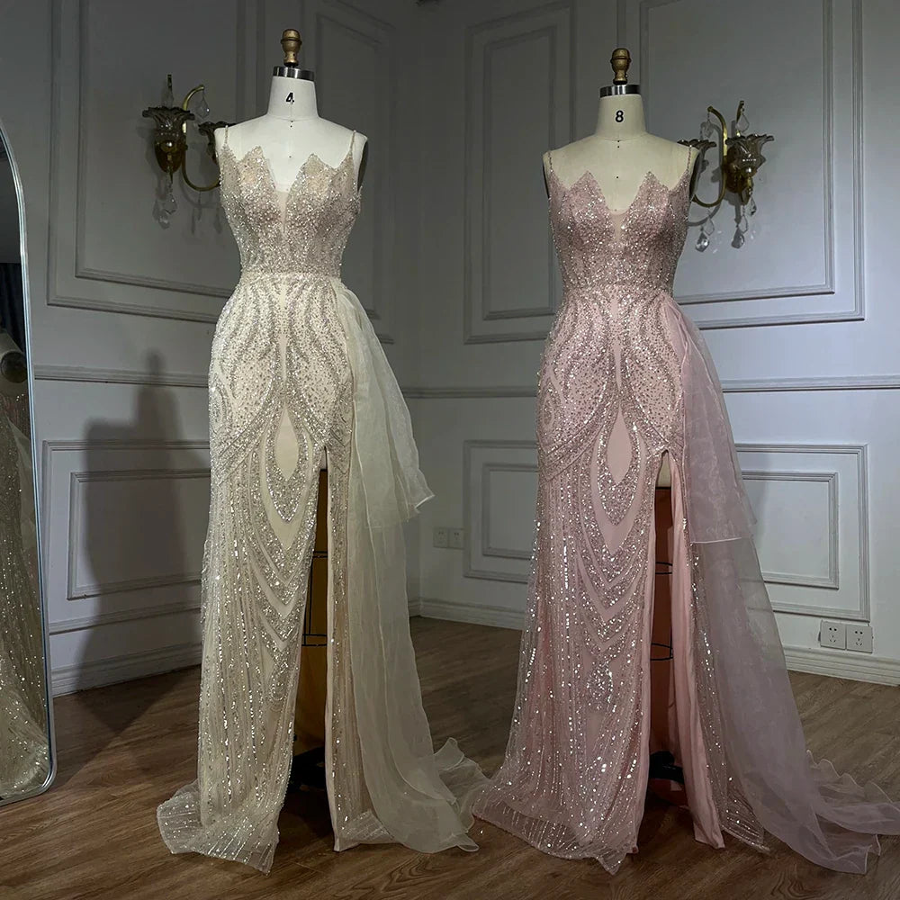Light Pink Spaghetti Strap Mermaid Evening Dress with Beaded Overskirt LA72378A