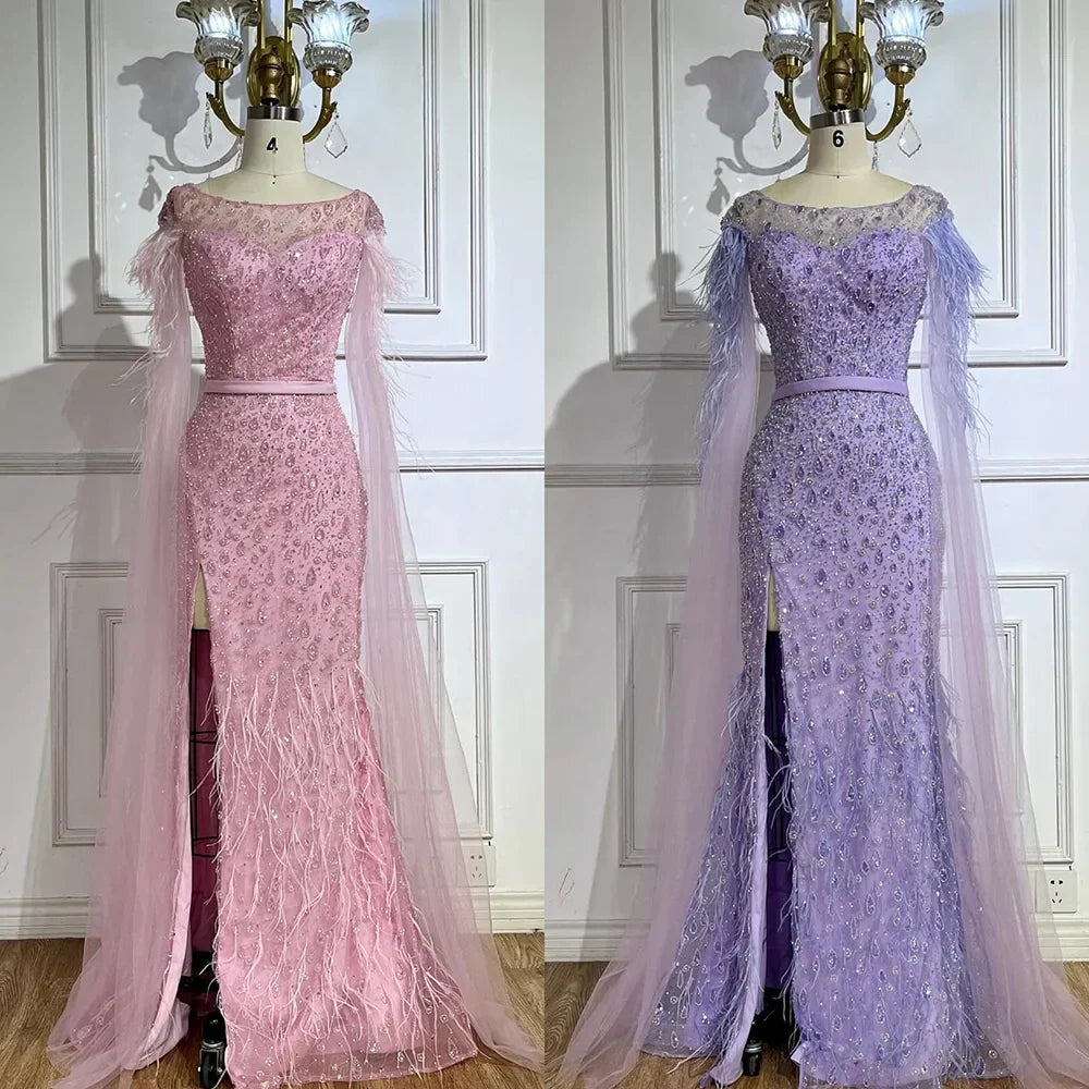 Serene Hill  Pink Cape Sleeves Dubai Evening Gown Mermaid with Side Skirt Feathers Beaded Dress for Women's Party LA72701