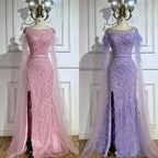 Serene Hill  Pink Cape Sleeves Dubai Evening Gown Mermaid with Side Skirt Feathers Beaded Dress for Women's Party LA72701