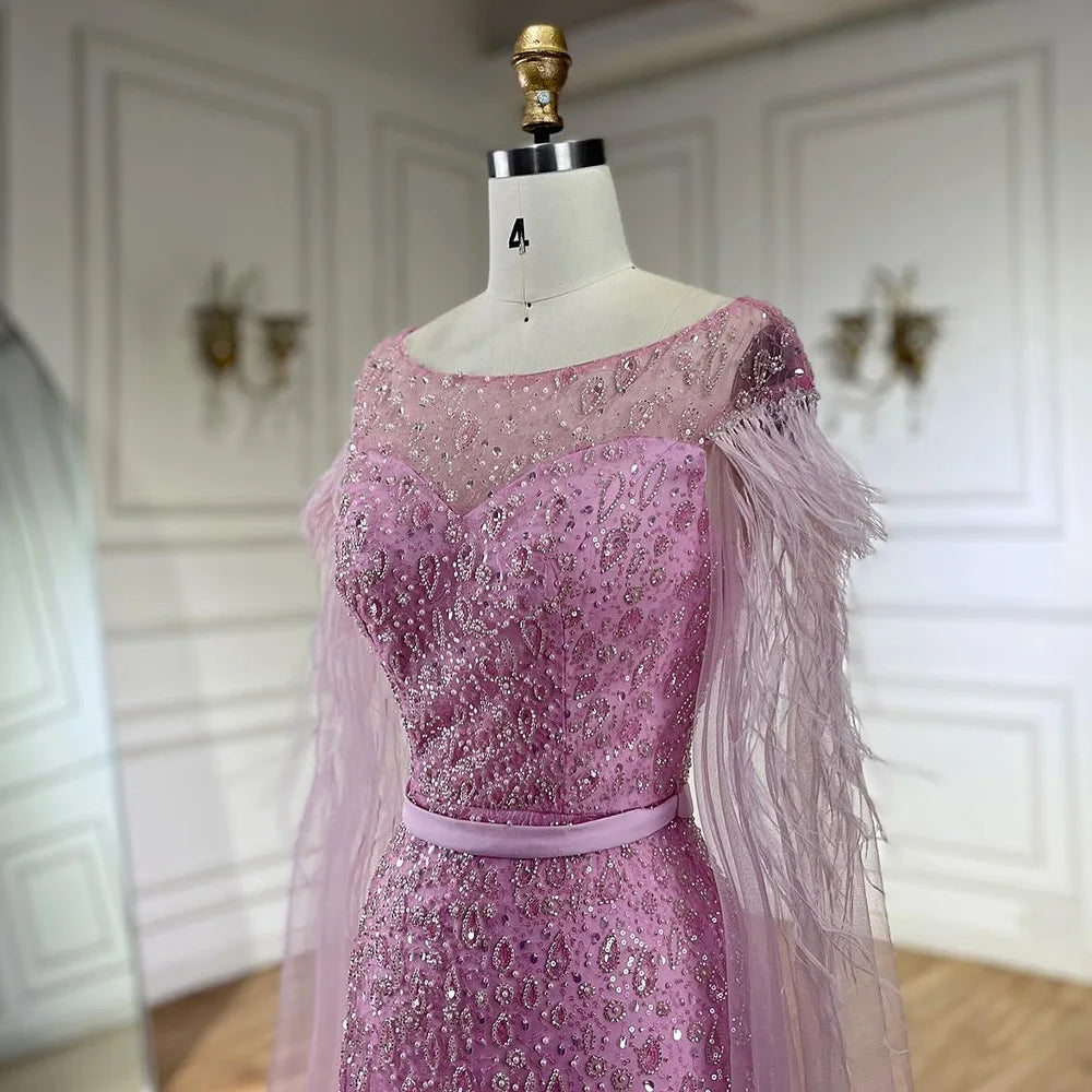 Serene Hill  Pink Cape Sleeves Dubai Evening Gown Mermaid with Side Skirt Feathers Beaded Dress for Women's Party LA72701