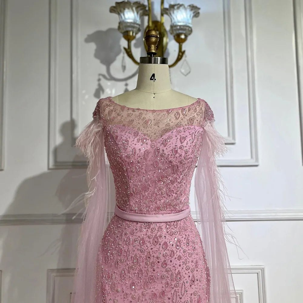 Serene Hill  Pink Cape Sleeves Dubai Evening Gown Mermaid with Side Skirt Feathers Beaded Dress for Women's Party LA72701