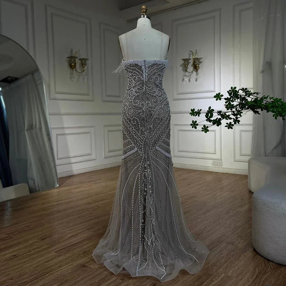 Serene Hill 2025 White Nude Split Mermaid Pearl Beaded Luxury Evening Gowns for Women Wedding Party LA72522