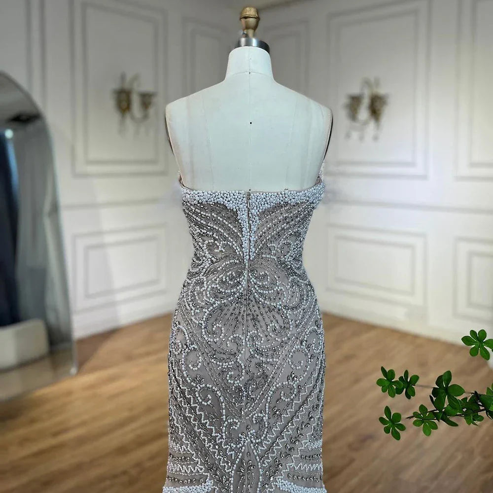 Serene Hill 2025 White Nude Split Mermaid Pearl Beaded Luxury Evening Gowns for Women Wedding Party LA72522