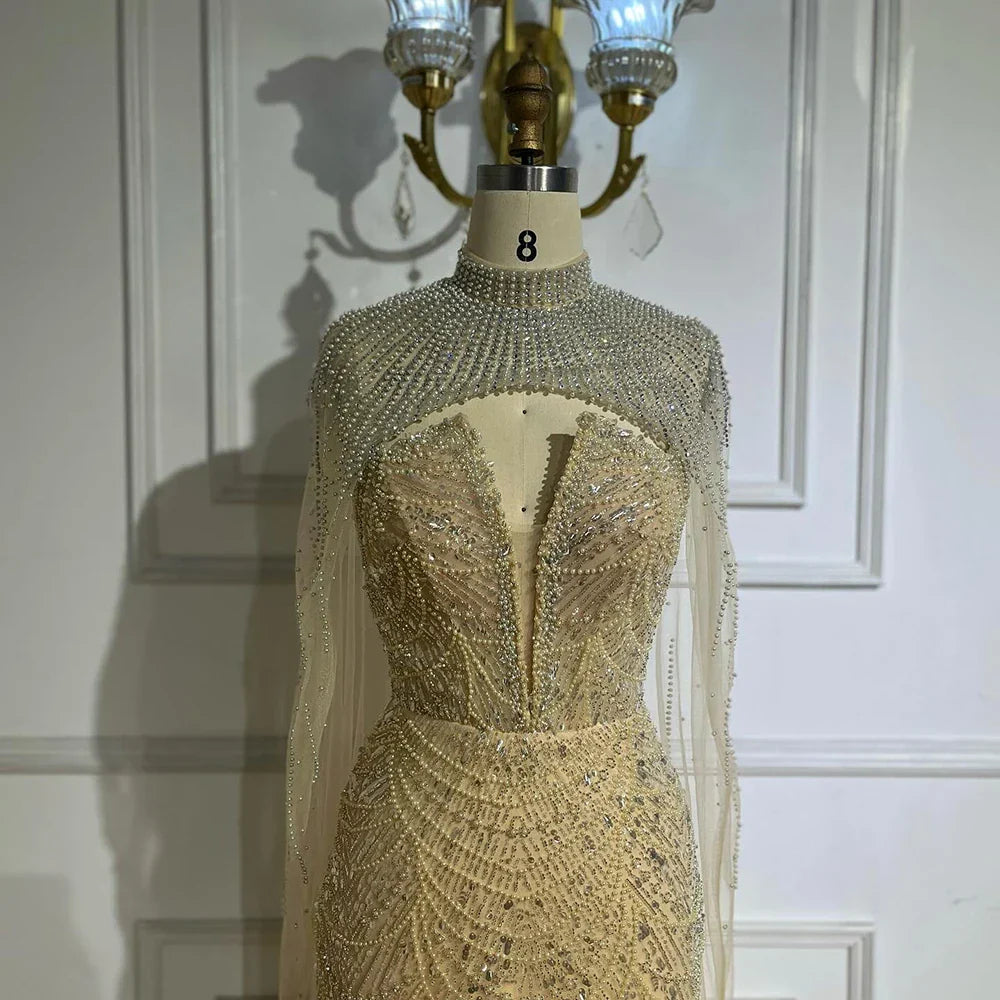 Luxury Evening Dress Nude Pearls Beaded Gown With Tulle Train LA72189A