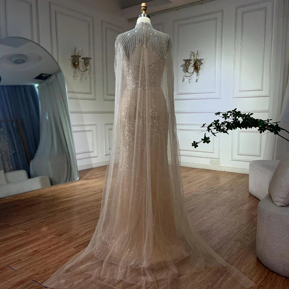 Luxury Evening Dress Nude Pearls Beaded Gown With Tulle Train LA72189A