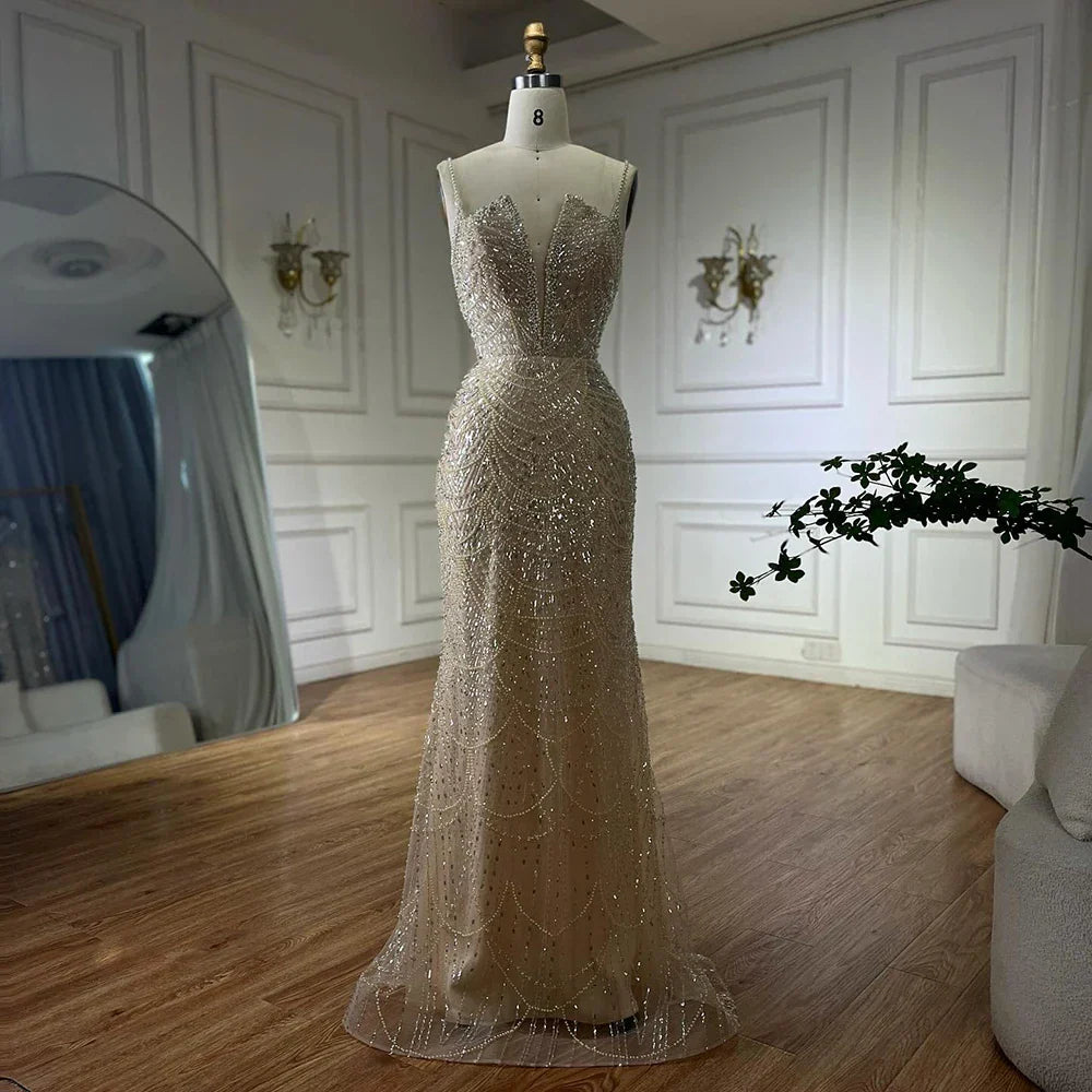 Luxury Evening Dress Nude Pearls Beaded Gown With Tulle Train LA72189A