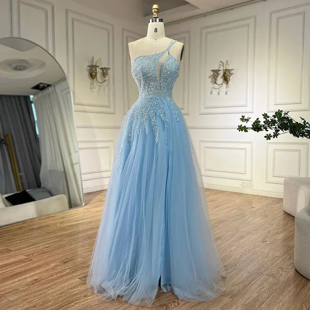 Serene Hill  Blue Spaghetti Strap A Line One Shoulder Prom Dress 2025 LA72589