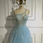 Serene Hill  Blue Spaghetti Strap A Line One Shoulder Prom Dress 2025 LA72589