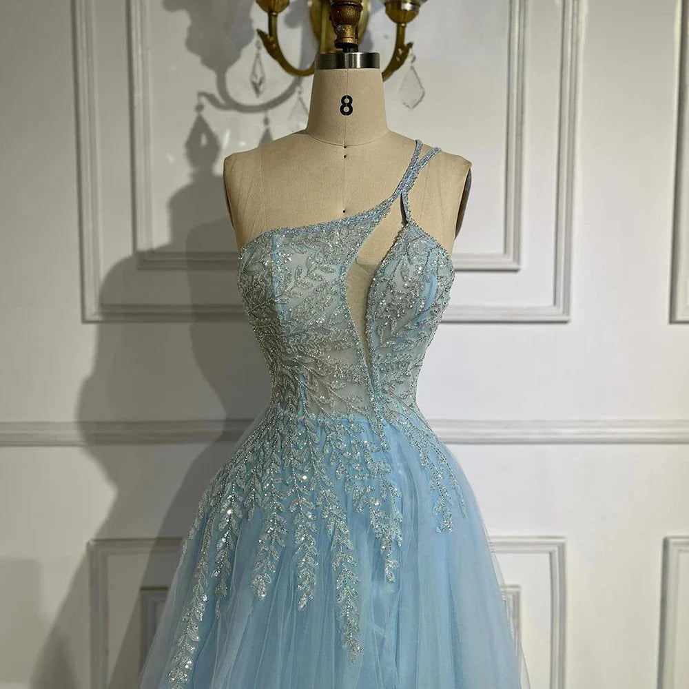 Serene Hill  Blue Spaghetti Strap A Line One Shoulder Prom Dress 2025 LA72589